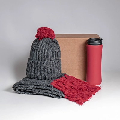 
                                                COLD NIGHT gift set: scarf and hat, thermos cup; red
                                                