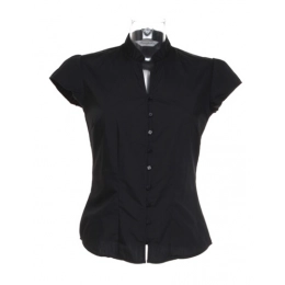 Tailored Fit Poplin Contintental Blouse Mandarin Collar Cap Sleeve