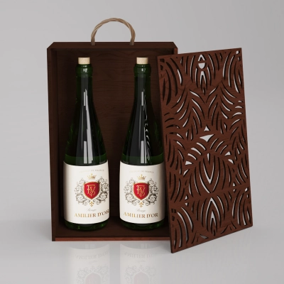 
                                            Box-case for 2 bottles, plywood, carved, stain
                                            