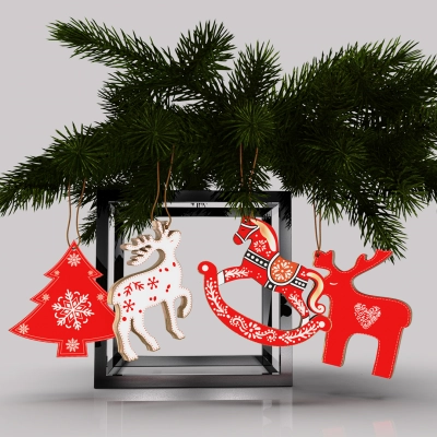 
                                                Set of Christmas Tree Ornaments, 4 pcs, Wood
                                                