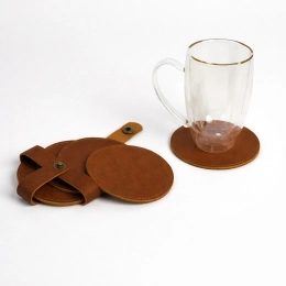 Set of 5 Round Natural Leather Coasters