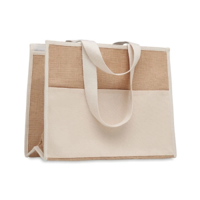 
                                                Jute and canvas cooler bag
                                                