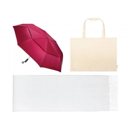Gift set with umbrella and scarf in a shopper bag.