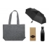 Gift set with umbrella and thermos bottle in a shopper bag.
