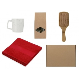 Bath gift set with towel, comb, and cup.