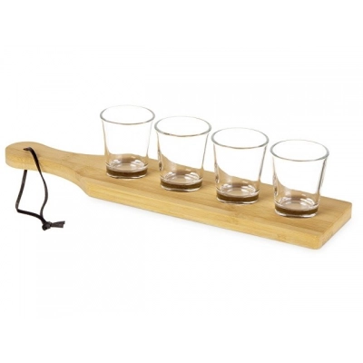 
                                            Set of shot glasses on a bamboo stand 