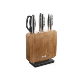 Set of 5 kitchen knives, scissors, and knife block 