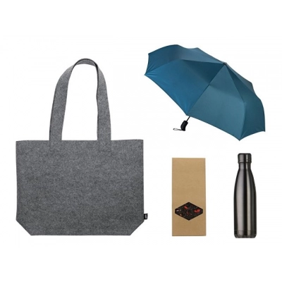 
                                                Gift set with umbrella and thermos bottle in a shopper bag.
                                                
