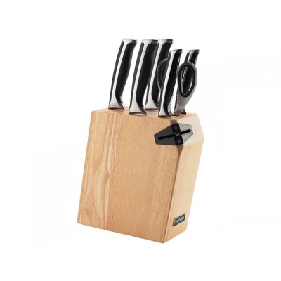 
                                                A set of 5 kitchen knives, scissors, and a knife block with a knife sharpener 