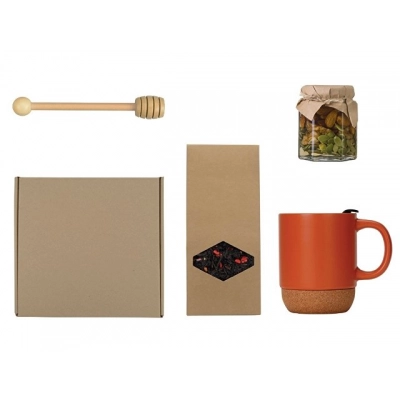 
                                                Gift set with tea, mug, honey, and honey spoon.
                                                