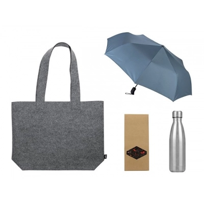 
                                            Gift set with umbrella and thermos bottle in a shopper bag.
                                            