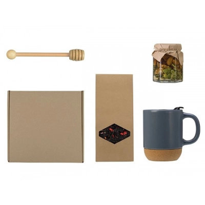 
                                                Gift set with tea, mug, honey, and honey spoon.
                                                