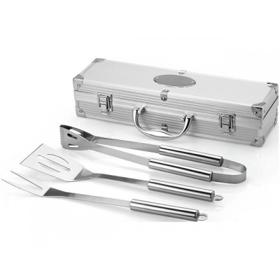 
                                                Barbecue set in a case: spatula, tongs, fork 
