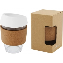 Glass cup with silicone lid and cork sleeve 