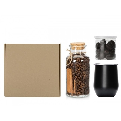 
                                            Gift set with a thermocup, coffee, and chocolate-covered almonds.
                                            