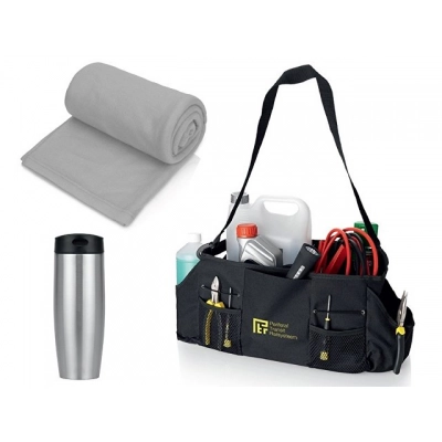 
                                            Car kit with a blanket, thermos cup in a tool bag.
                                            