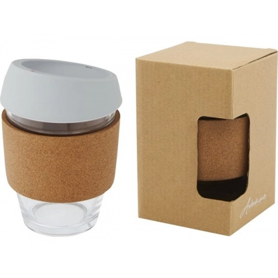 
                                                Glass cup with silicone lid and cork sleeve 