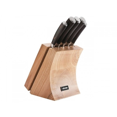 
                                            A set of 5 kitchen knives and a knife block with a knife sharpener 
