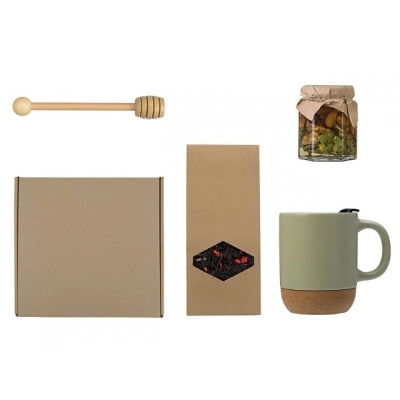 
                                                Gift set with tea, mug, honey, and honey spoon.
                                                