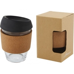Glass cup with silicone lid and cork sleeve 