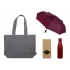 Gift set with umbrella and thermos bottle in a shopper bag.