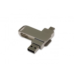USB 2.0 flash drive with 128 GB capacity, swivel mechanism, and an additional Type-C connector.