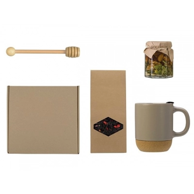 
                                                Gift set with tea, mug, honey, and honey spoon.
                                                