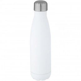 A stainless steel bottle with a capacity of 500 ml, made from recycled materials and featuring copper vacuum insulation, comes with a certificate.