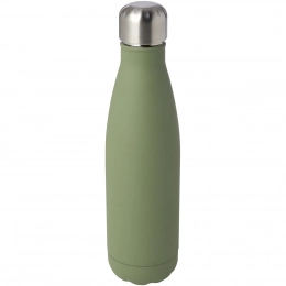 A stainless steel bottle with a capacity of 500 ml, made from recycled materials and featuring copper vacuum insulation, comes with a certificate.