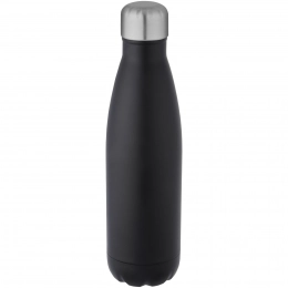 A stainless steel bottle with a capacity of 500 ml, made from recycled materials and featuring copper vacuum insulation, comes with a certificate.