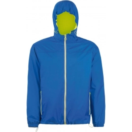 Skate windbreaker, bright blue with neon yellow.