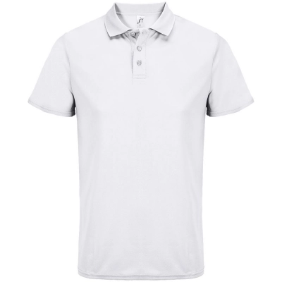
                                                Unisex white Pitcher polo shirt.
                                                