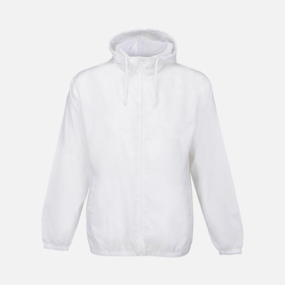
                                                Unisex white Shield windbreaker.
                                                