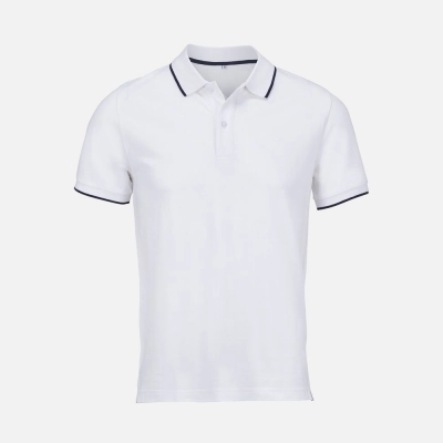 
                                                Unisex Palermo white polo shirt with dark blue.
                                                