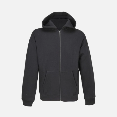 
                                            Unisex black Jelo zip-up hoodie.
                                            