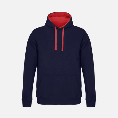 
                                            Unisex Cameron dark blue hoodie with red.
                                            
