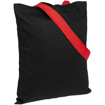 
                                                Black BrighTone canvas bag with red handles
                                                
