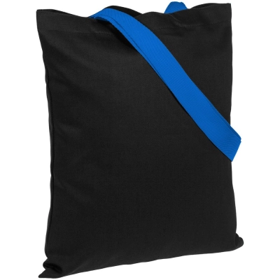 
                                                Black BrighTone canvas bag with bright blue handles
                                                