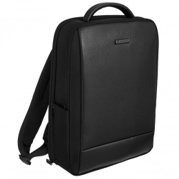 Santiago Slim laptop backpack with leather trim, black.