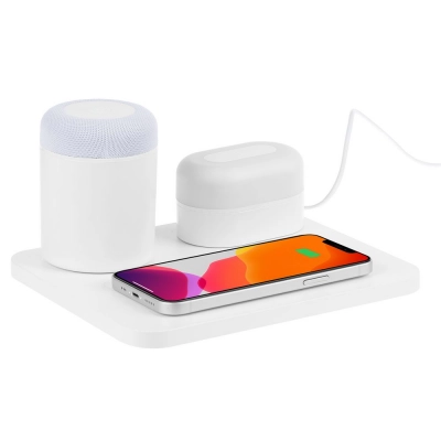 
                                            Станция беспроводной зарядки с колонкой и ночником Trilogy, белая
                                            