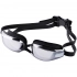 Underwater black mirrored swimming goggles.