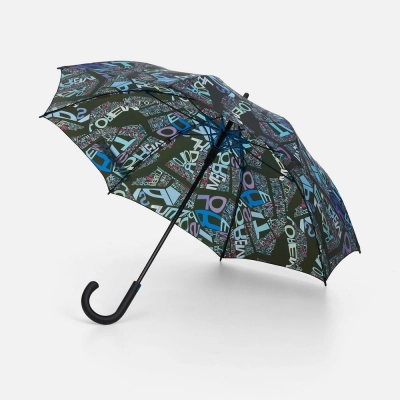 
                                                Undercolor umbrella-cane with full custom printing, with blue spokes.
                                                