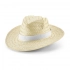 Green hat with a white ribbon.
