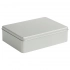 The box is rectangular, large, silver