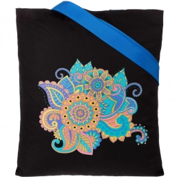 Patterned canvas bag, black with bright blue handles