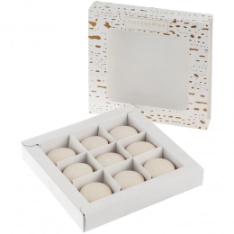 Set of 9 macaron pastries, in a box with a window