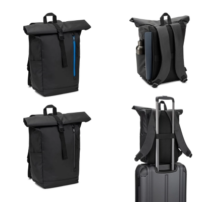 
                                                OSASCO BPACK. Roll top backpack with a zip system design that allows the top to be rolled up to fit the volume of the backpack, made from 600D recycled polyester
                                                