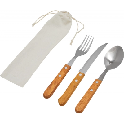 
                                            Cutlery set ECO TRIP, in a small cotton bag, brown, silver
                                            