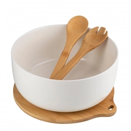 Salad bowl on bamboo base with spoons Florina Adria white 3.5 l