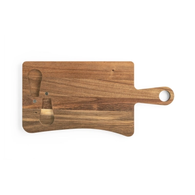 
                                            CASSIA. Acacia wood cheese board with two utensils
                                            